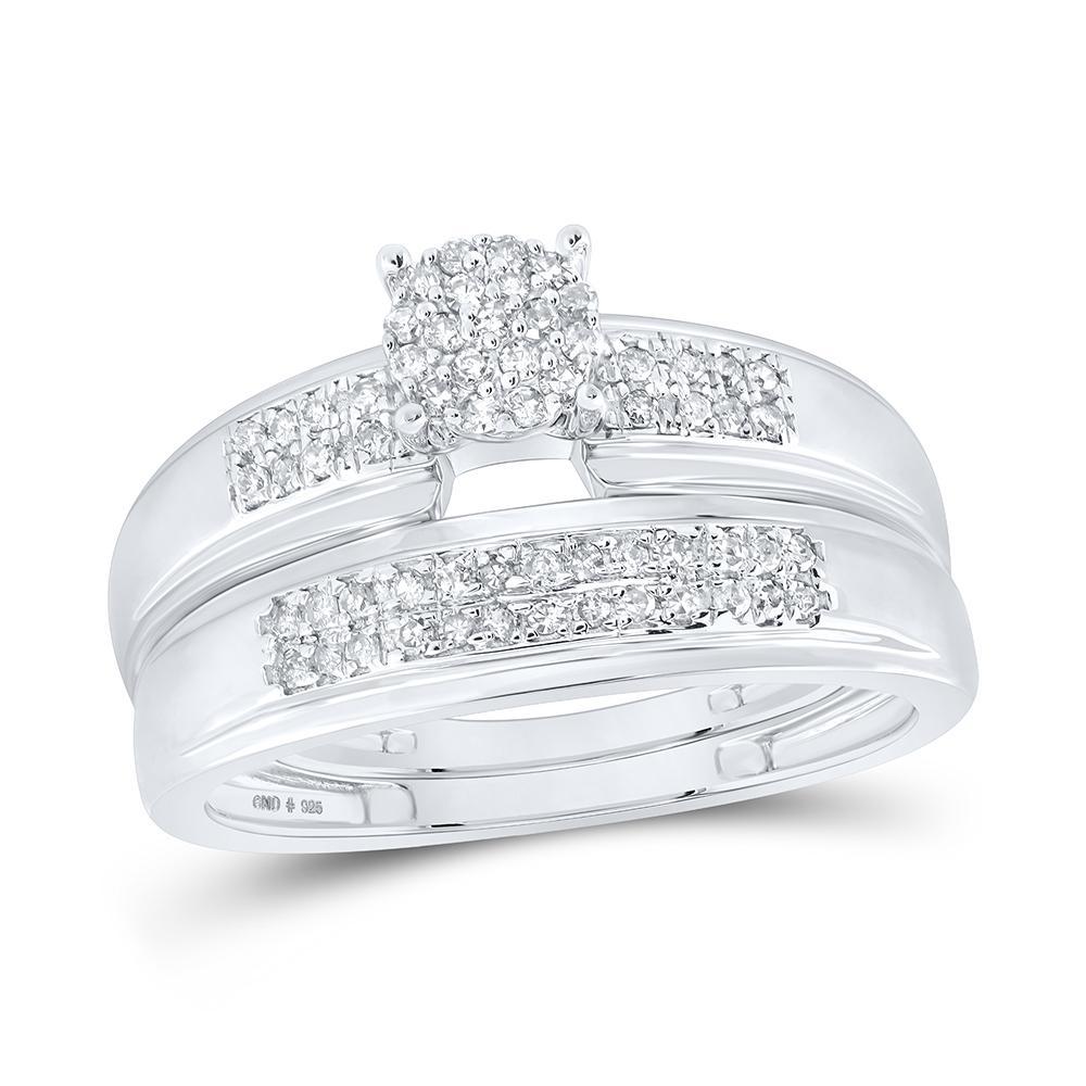 Sterling Silver His Hers Round Diamond Cluster Matching Wedding Set 3/8 Cttw