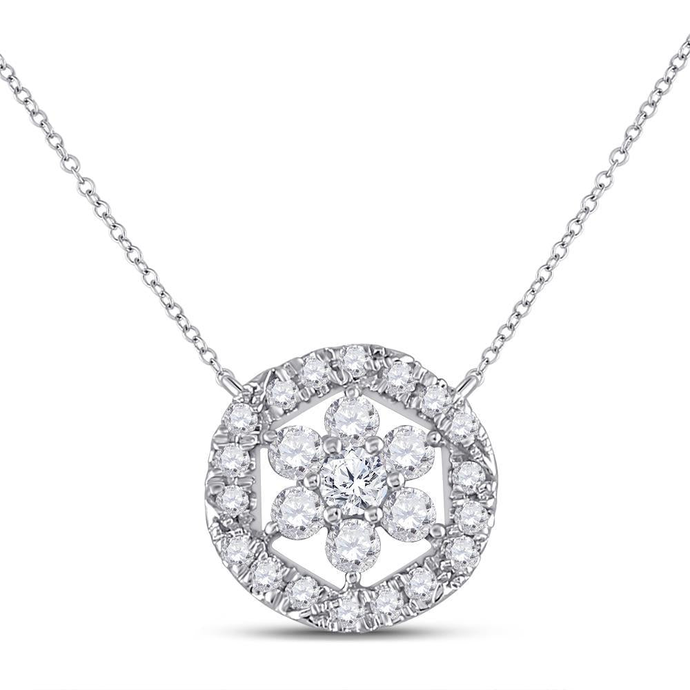 14kt White Gold Womens Round Diamond Floral Cluster Necklace 1/3 Cttw