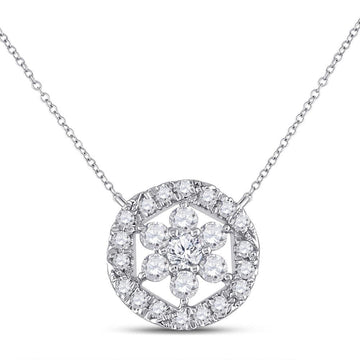 14kt White Gold Womens Round Diamond Floral Cluster Necklace 1/3 Cttw
