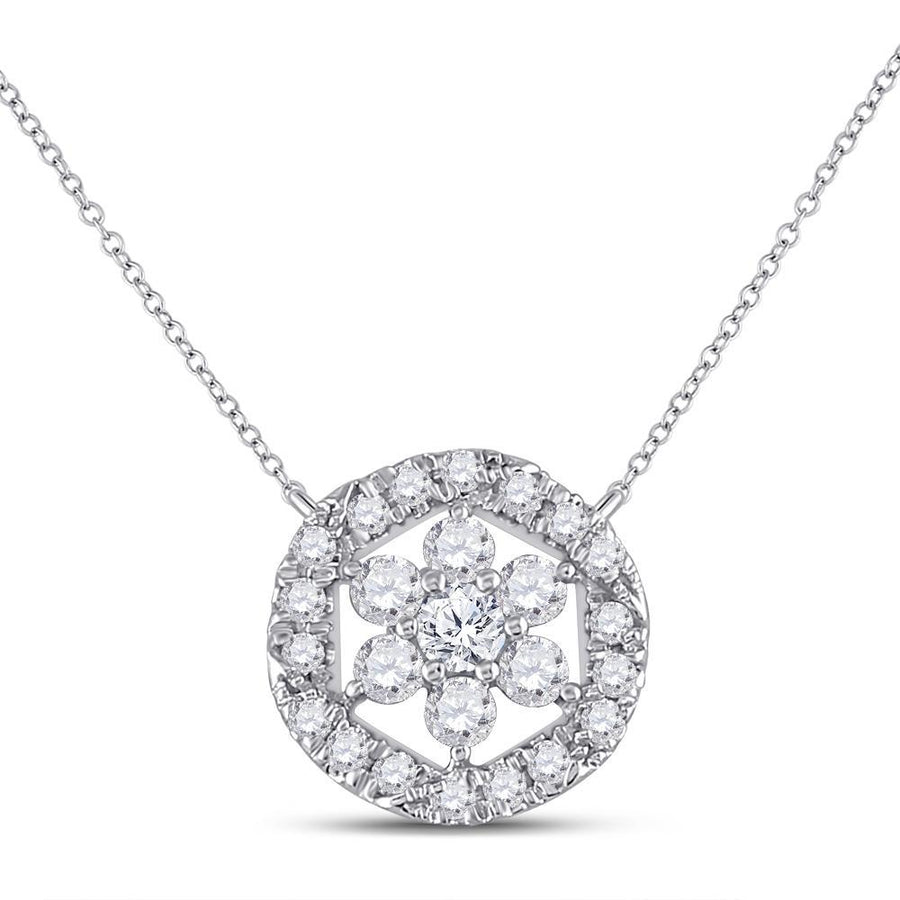 14kt White Gold Womens Round Diamond Floral Cluster Necklace 1/3 Cttw