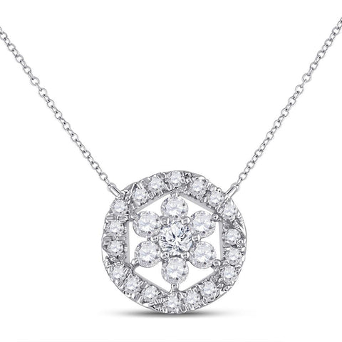 14kt White Gold Womens Round Diamond Floral Cluster Necklace 1/3 Cttw