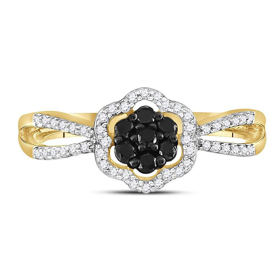 10kt Yellow Gold Womens Round Black Color Enhanced Diamond Flower Cluster Ring 1/3 Cttw