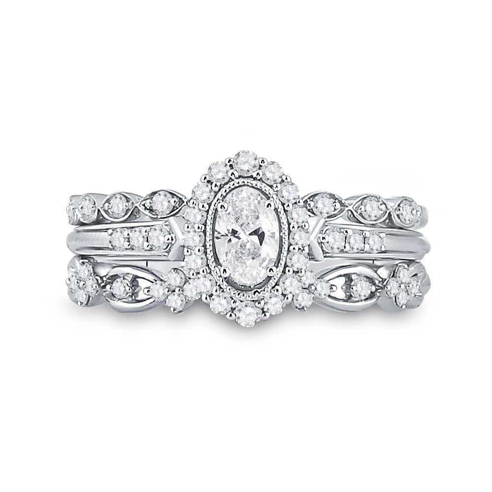 14kt White Gold Oval Diamond Bridal Wedding Ring Band Set 3/4 Cttw