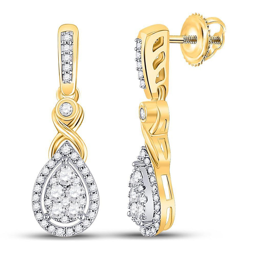 10kt Yellow Gold Womens Round Diamond Teardrop Cluster Dangle Earrings 1/2 Cttw