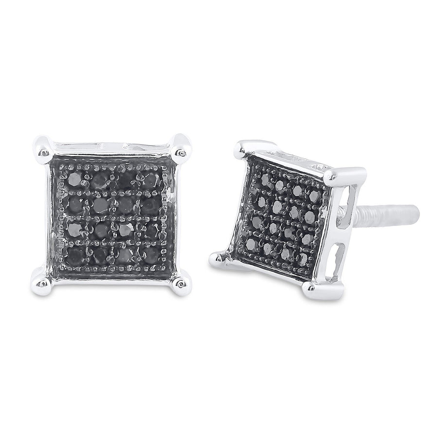 Sterling Silver Round Black Color Enhanced Diamond Square Earrings 1/10 Cttw