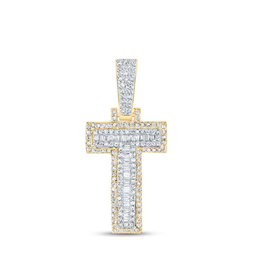 10kt Yellow Gold Mens Baguette Diamond T Initial Letter Charm Pendant 3/8 Cttw