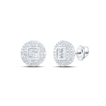 10kt White Gold Baguette Diamond Circle Cluster Earrings 1/2 Cttw