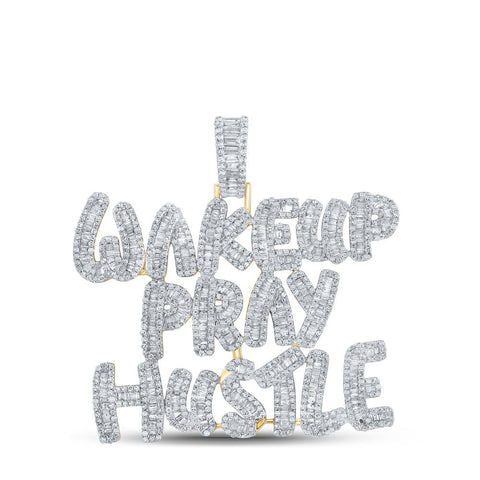 10kt Yellow Gold Mens Baguette Diamond Wake Up Pray Hustle Phrase Charm Pendant 3-3/4 Cttw