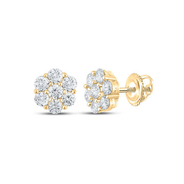 14kt Yellow Gold Round Diamond Flower Cluster Earrings 1-1/2 Cttw