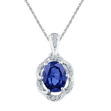10kt White Gold Womens Oval Synthetic Blue Sapphire Solitaire Diamond Pendant 1-3/4 Cttw