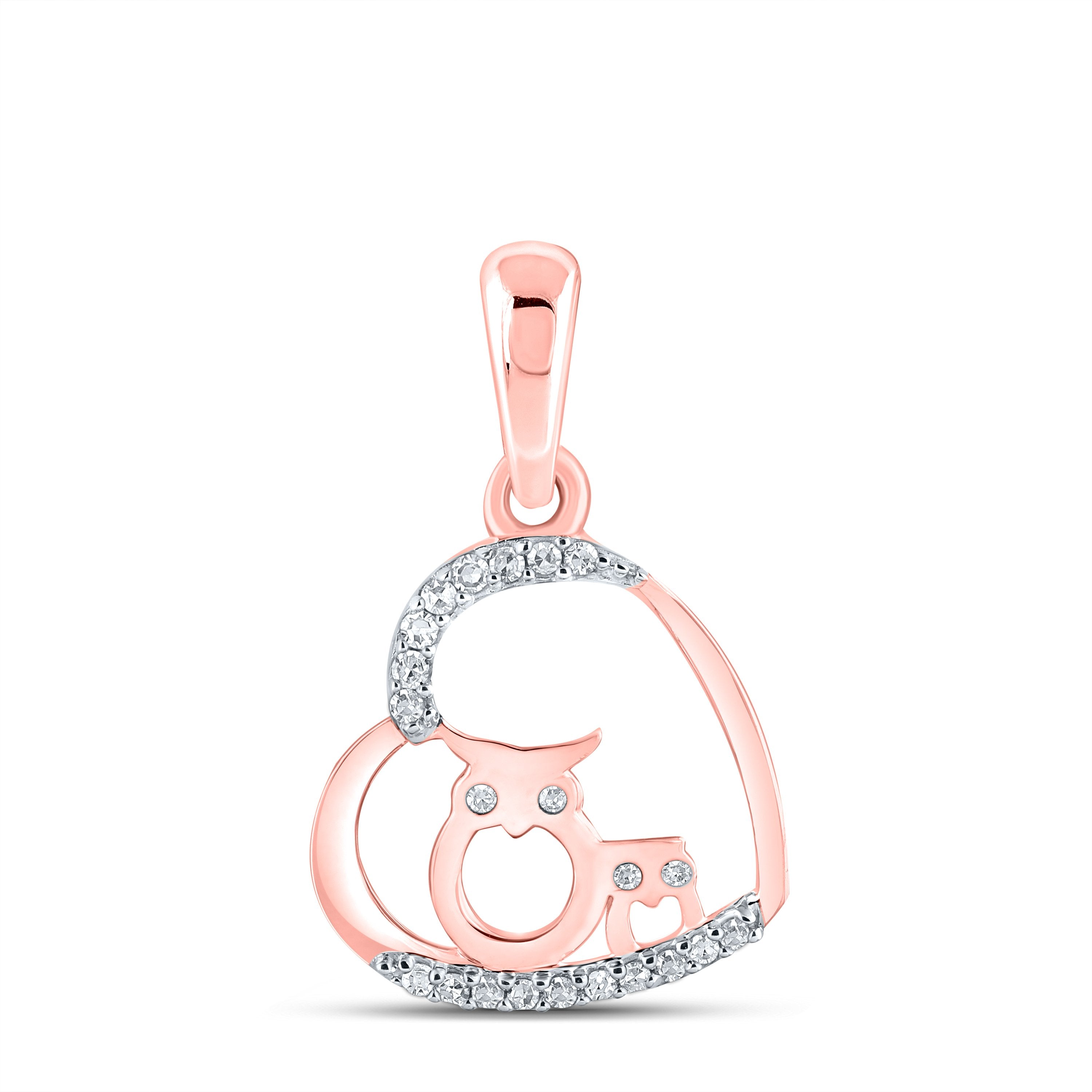 10kt Rose Gold Womens Round Diamond Owl Heart Pendant 1/12 Cttw