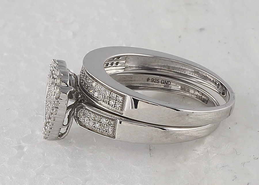 Sterling Silver Round Diamond Heart Bridal Wedding Ring Band Set 3/8 Cttw
