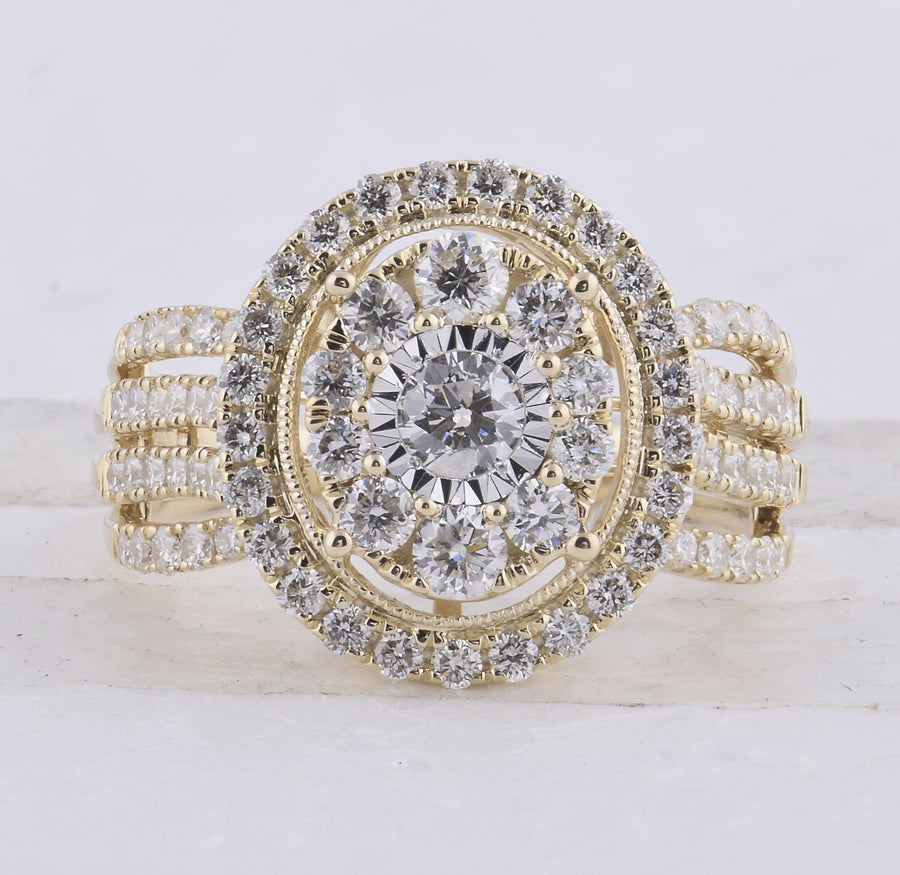 14kt Yellow Gold Round Diamond Cluster Oval Bridal Wedding Engagement Ring 1-1/2 Cttw