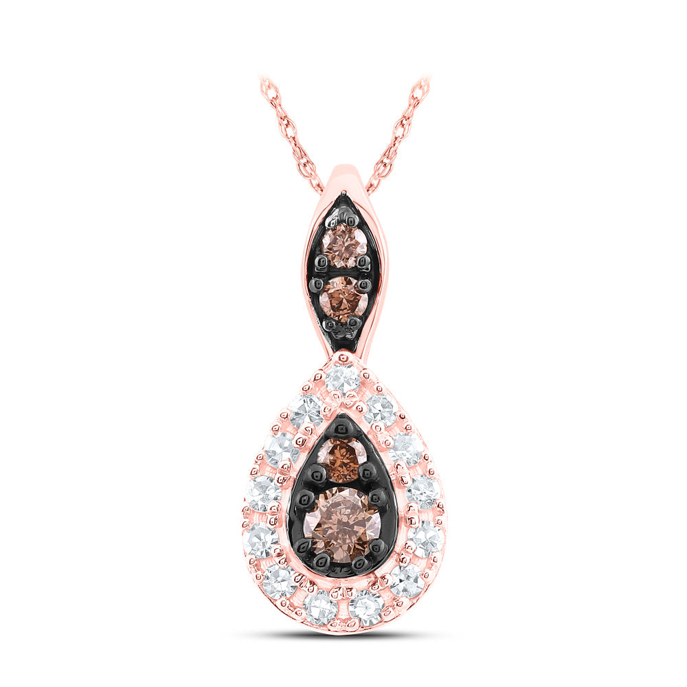 10kt Rose Gold Womens Round Brown Diamond Teardrop Pendant 1/5 Cttw