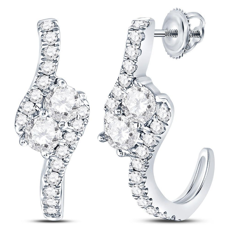 14kt White Gold Womens Round Diamond J-Hoop 2-stone Earrings 1 Cttw