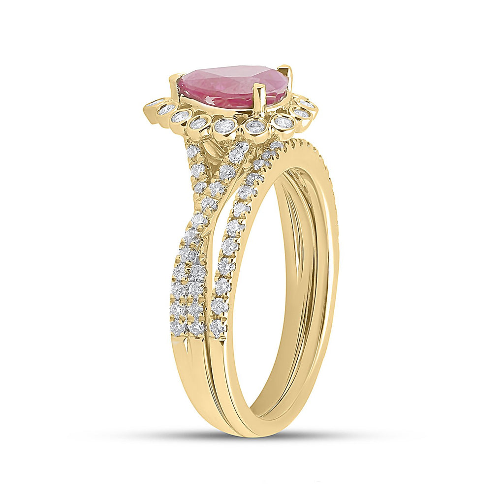 14kt Yellow Gold Pear Ruby Solitaire Bridal Wedding Ring Band Set 1-7/8 Cttw