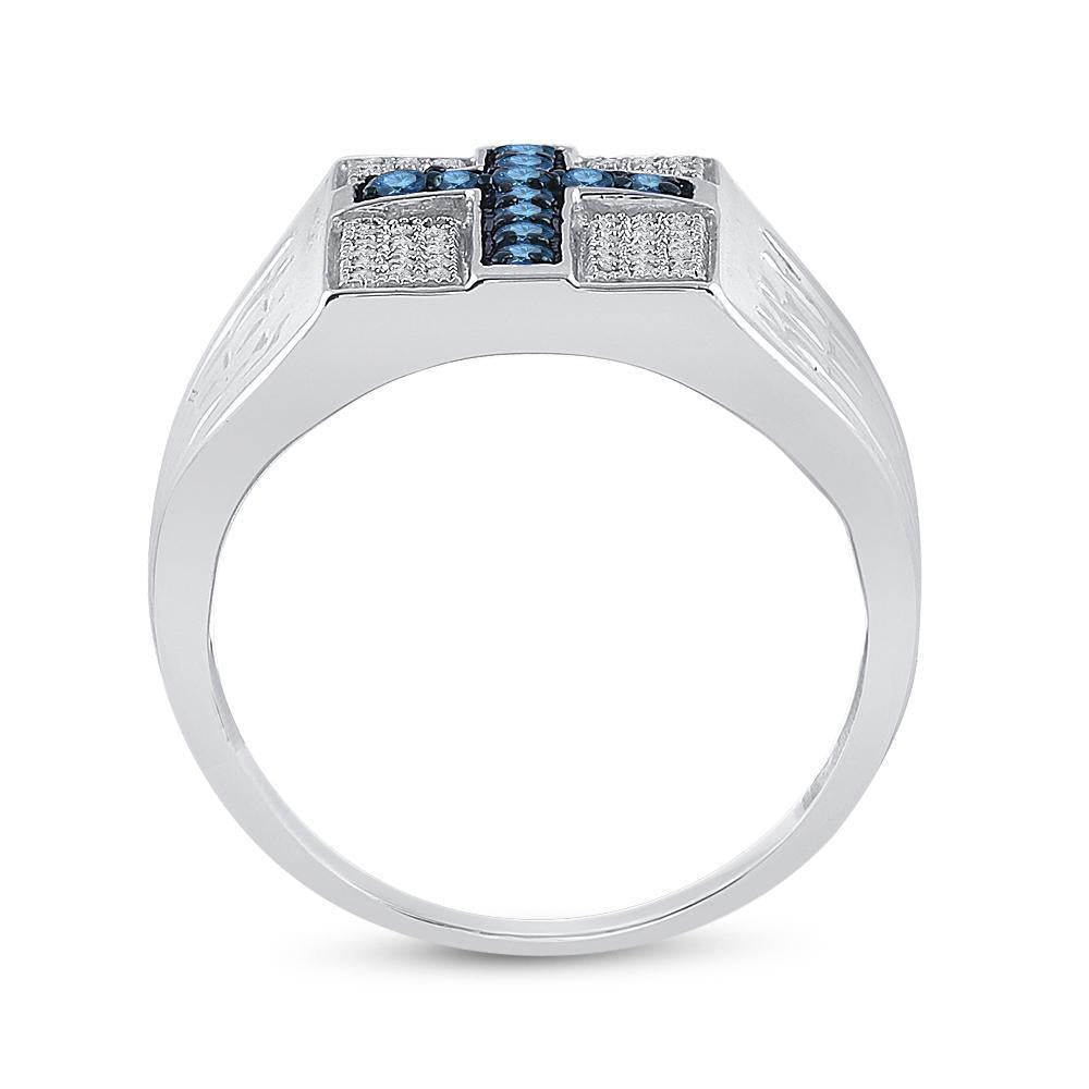 Sterling Silver Mens Round Blue Color Enhanced Diamond Cross Religious Ring 1/2 Cttw