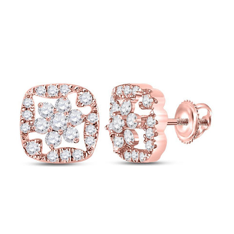 14kt Rose Gold Womens Round Diamond Square Floral Cluster Earrings 3/8 Cttw