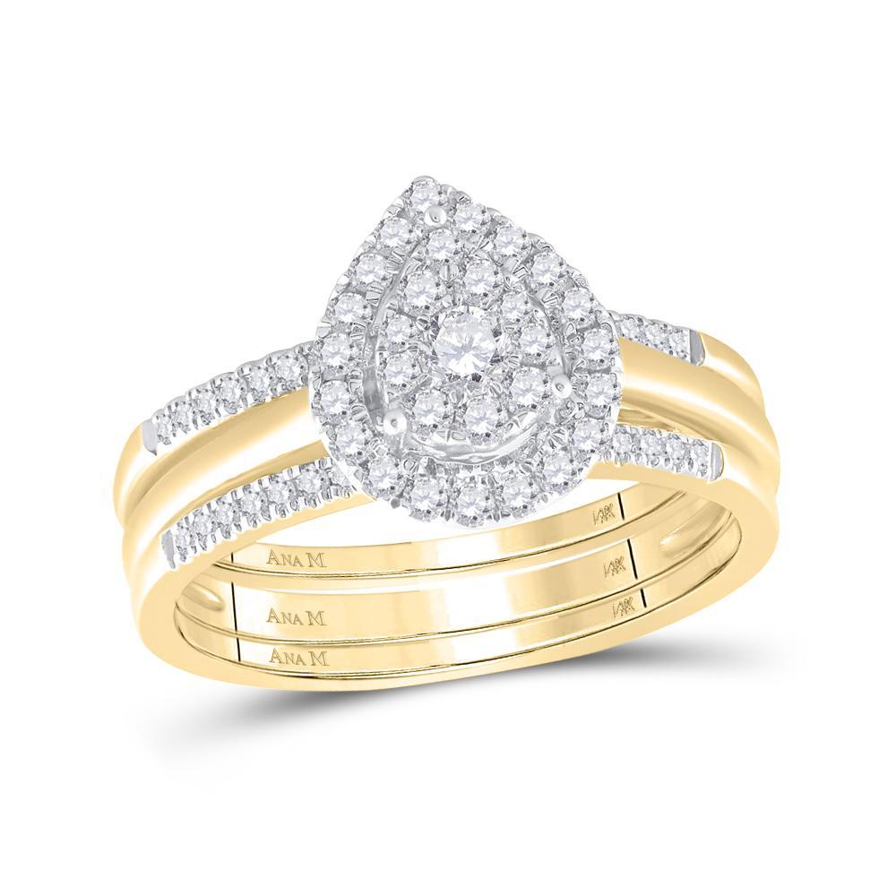 14kt Yellow Gold Diamond Teardrop Cluster Bridal Wedding Ring Band Set 1/2 Cttw