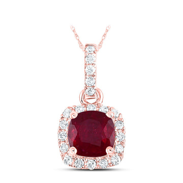 14kt Rose Gold Womens Cushion Ruby Solitaire Diamond Halo Pendant 3/4 Cttw