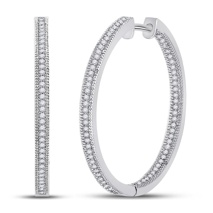 10kt White Gold Womens Round Diamond Inside Outside Hoop Earrings 1/2 Cttw