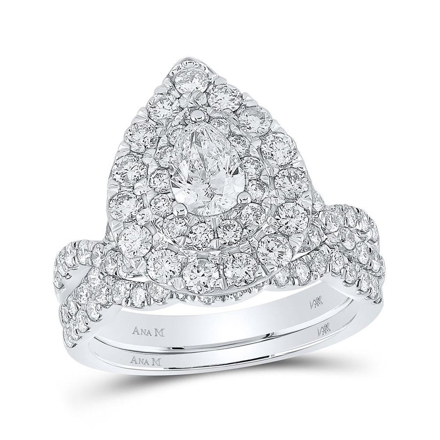 14kt White Gold Pear Diamond Halo Bridal Wedding Ring Band Set 2 Cttw