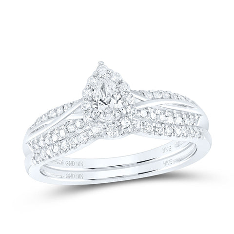 10kt White Gold Pear Diamond Halo Bridal Wedding Ring Band Set 1/2 Cttw