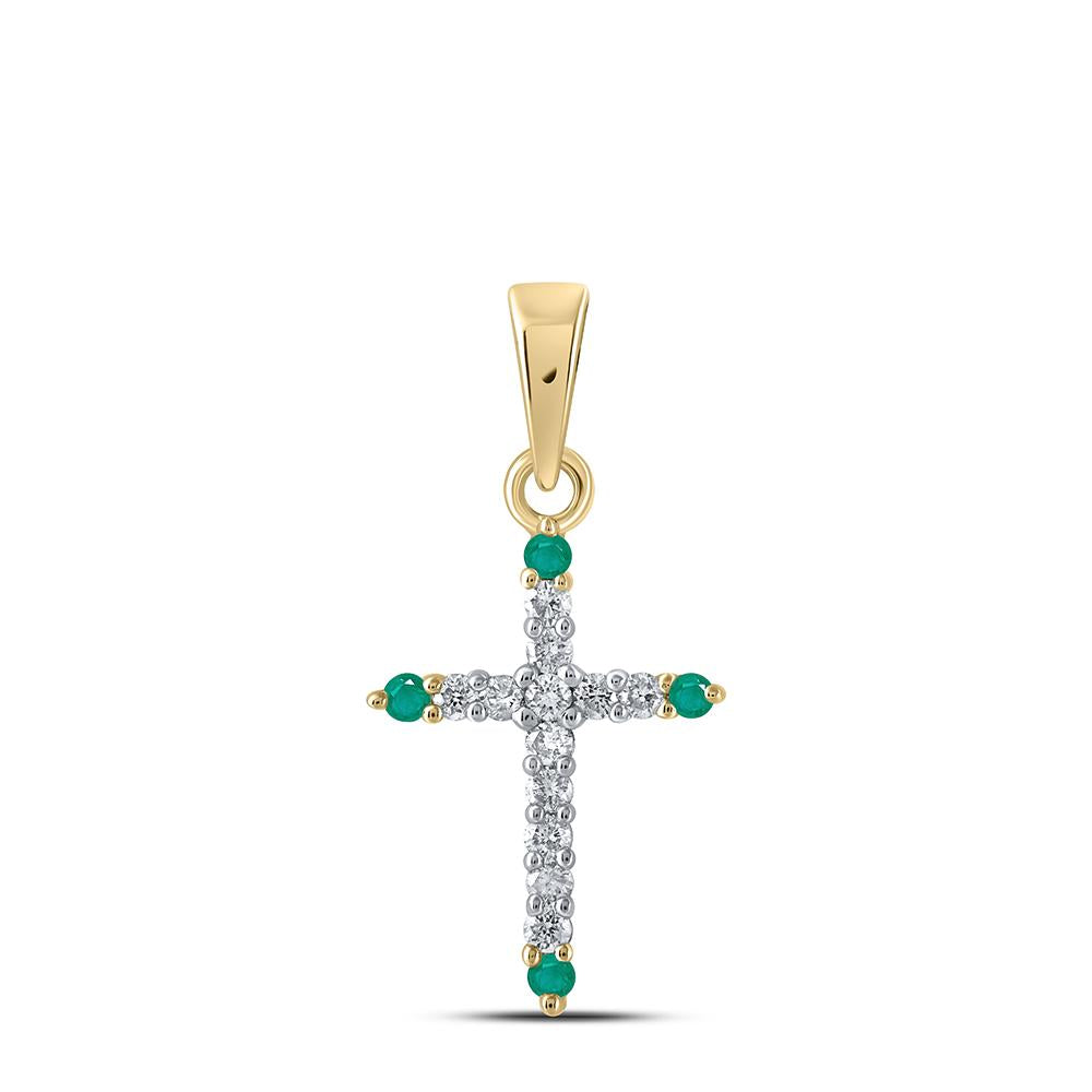 10kt Yellow Gold Womens Round Emerald Diamond Cross Pendant 1/6 Cttw