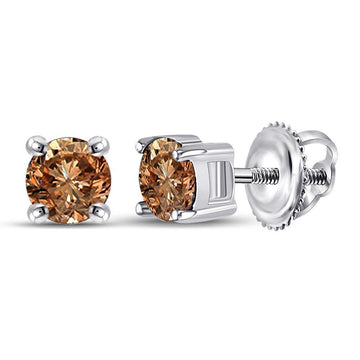 10kt White Gold Womens Round Brown Diamond Solitaire Earrings 1 Cttw