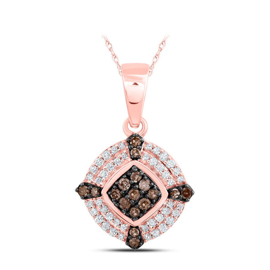 10kt Rose Gold Womens Round Brown Diamond Offset Square Pendant 1/4 Cttw