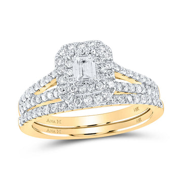 14kt Yellow Gold Emerald Diamond Halo Bridal Wedding Ring Band Set 1 Cttw
