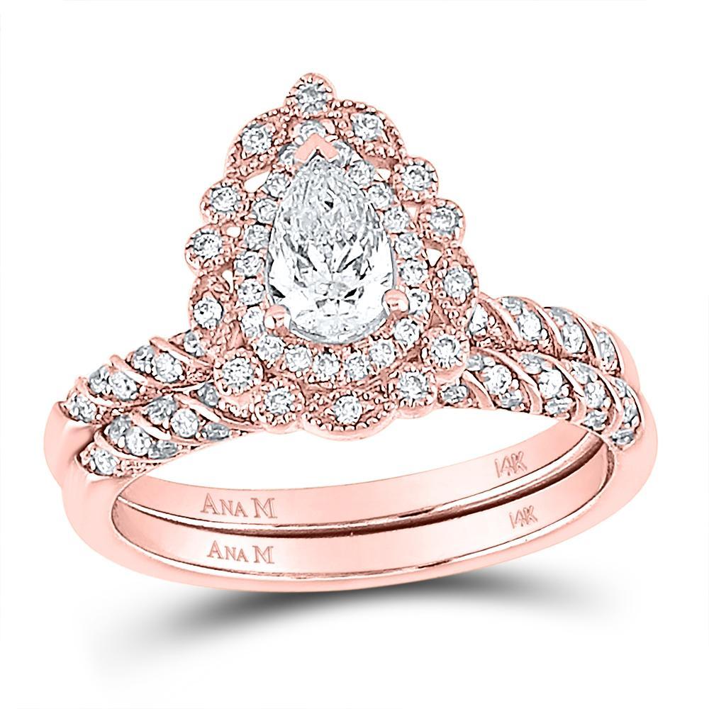 14kt Rose Gold Pear Diamond Halo Bridal Wedding Ring Band Set 1 Cttw