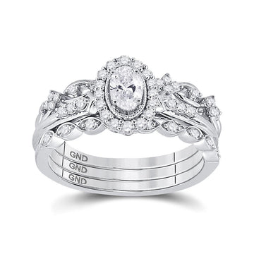 14kt White Gold Oval Diamond Bridal Wedding Ring Band Set 3/4 Cttw