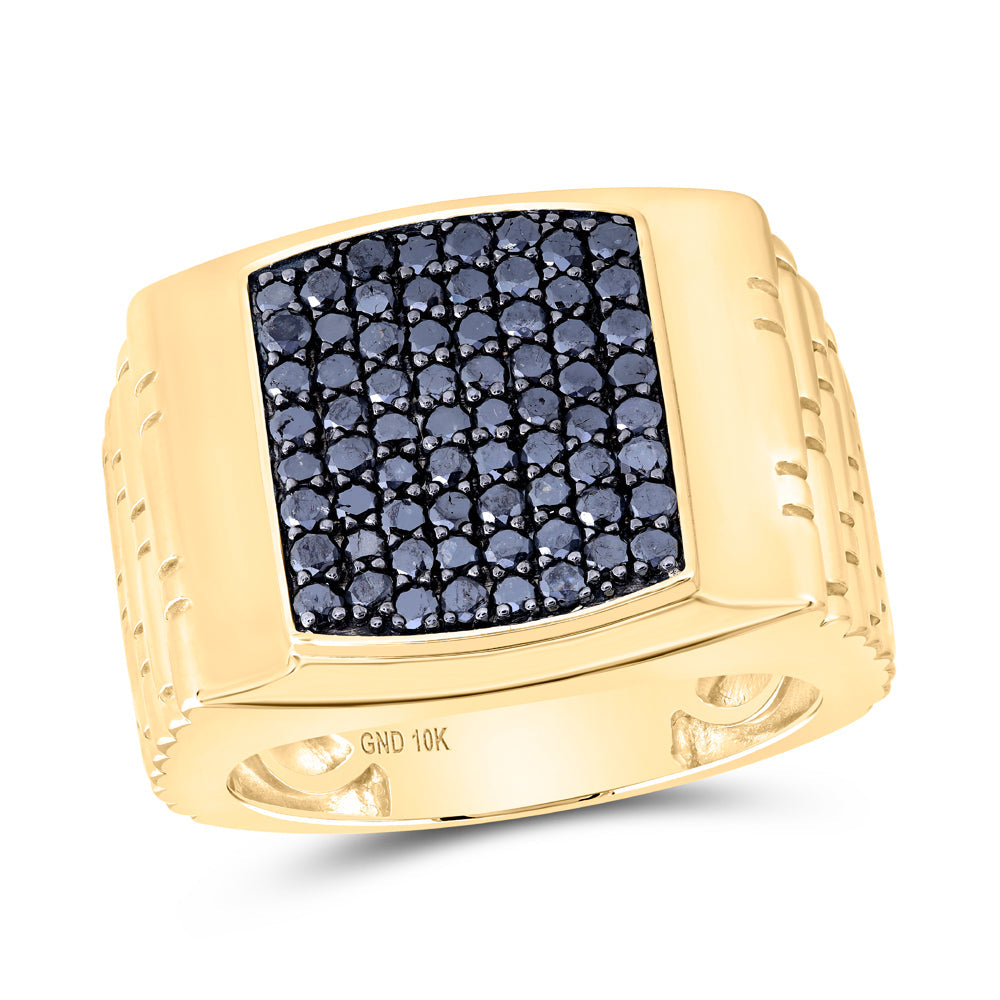 10kt Yellow Gold Mens Round Black Color Treated Diamond Square Ring 1-1/2 Cttw