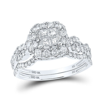 10kt White Gold Princess Diamond Square Bridal Wedding Ring Band Set 1 Cttw