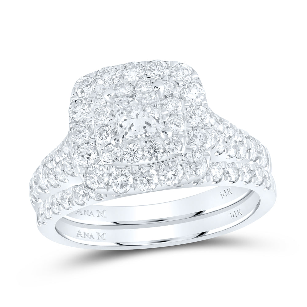 14kt White Gold Princess Diamond Halo Bridal Wedding Ring Band Set 2 Cttw