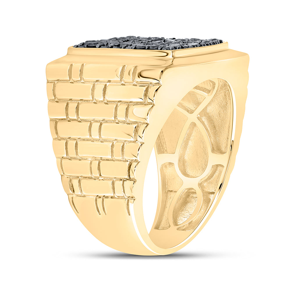 10kt Yellow Gold Mens Round Black Color Treated Diamond Square Ring 1-1/2 Cttw