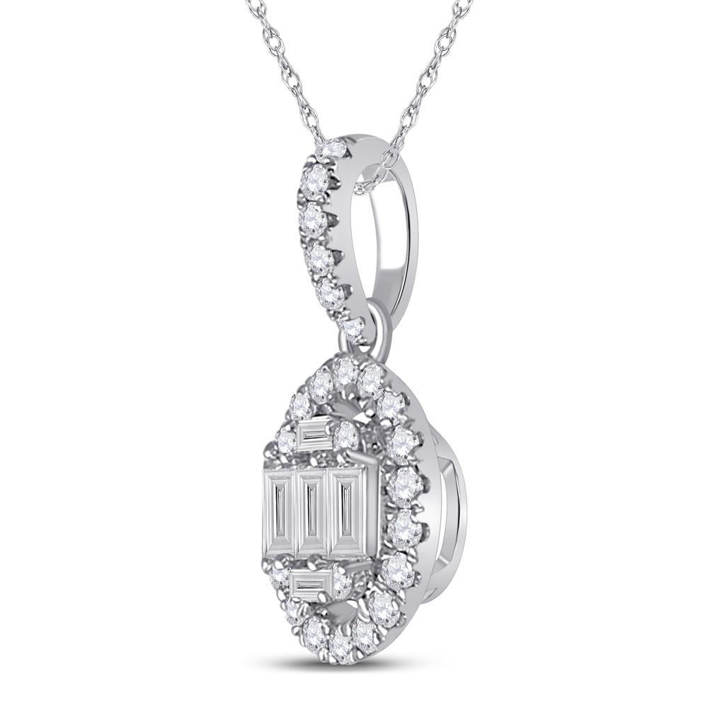 14kt White Gold Womens Baguette Diamond Oval Pendant 1/3 Cttw