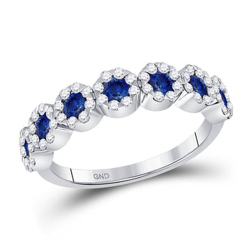 14kt White Gold Womens Round Blue Sapphire Diamond Band Ring 1-1/5 Cttw