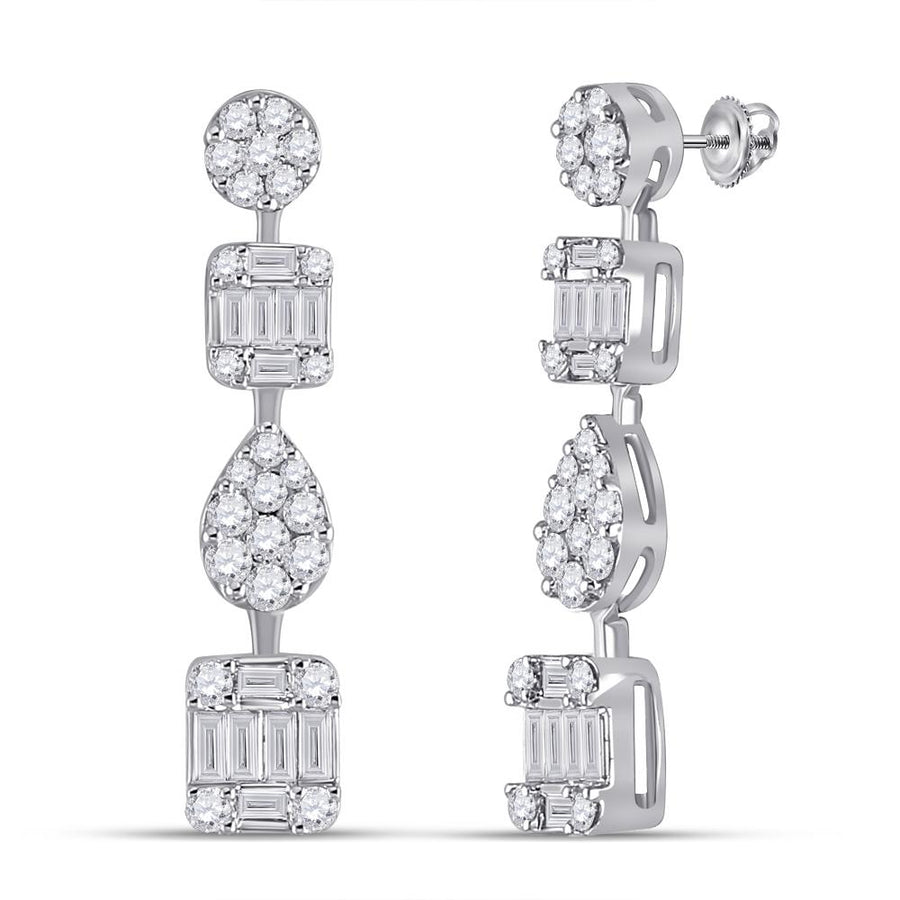 14kt White Gold Womens Round Diamond Baguette Square Dangle Earrings 1-1/3 Cttw