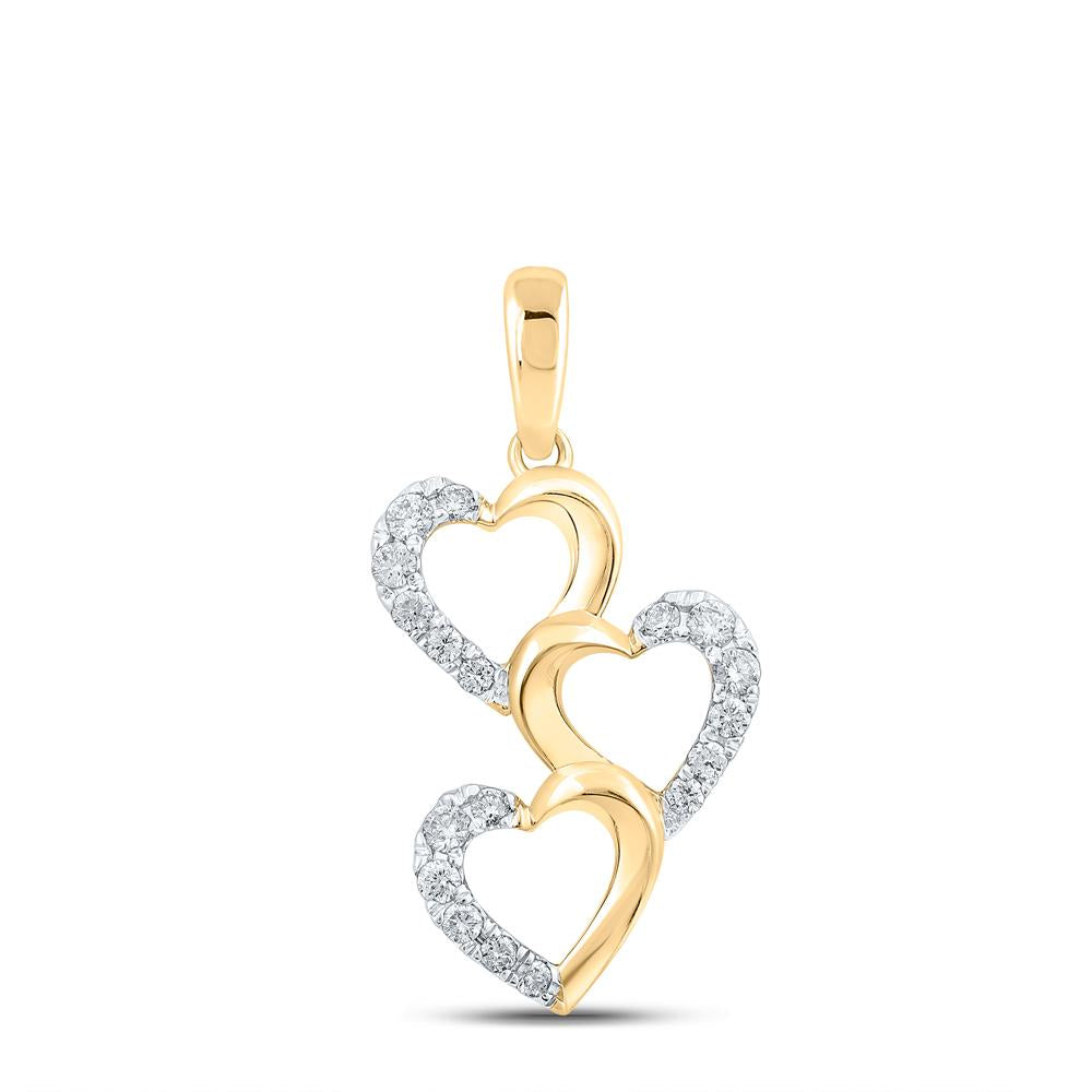 10kt Yellow Gold Womens Round Diamond Triple Heart Pendant 1/4 Cttw