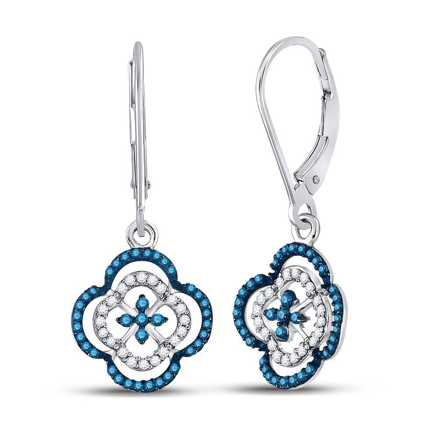 10kt White Gold Womens Round Blue Color Enhanced Diamond Quatrefoil Dangle Earrings 1/3 Cttw