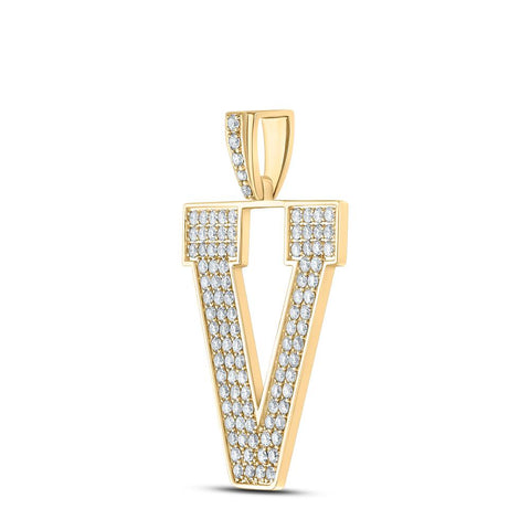 10kt Yellow Gold Mens Round Diamond V Initial Letter Charm Pendant 1-3/4 Cttw