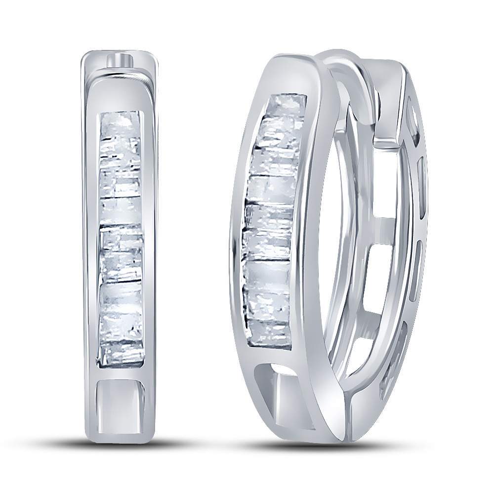 Sterling Silver Womens Baguette Diamond Huggie Earrings 1/6 Cttw