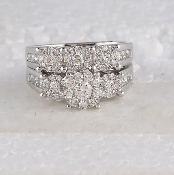 14kt White Gold Round Diamond Bridal Wedding Ring Band Set 1-1/2 Cttw