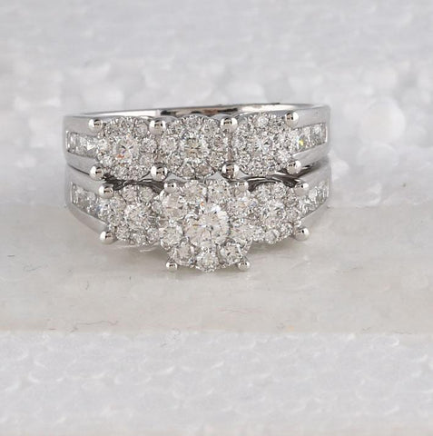 14kt White Gold Round Diamond Bridal Wedding Ring Band Set 1-1/2 Cttw