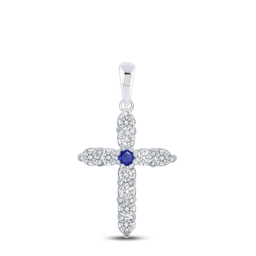 10kt White Gold Womens Round Blue Sapphire Diamond Cross Pendant 1 Cttw