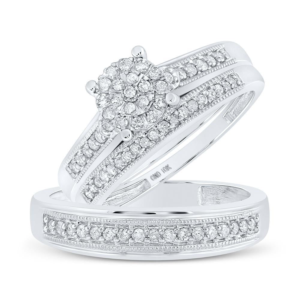10kt White Gold His Hers Round Diamond Cluster Matching Wedding Set 3/8 Cttw