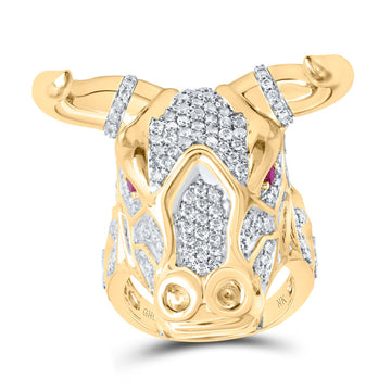 10kt Yellow Gold Mens Round Ruby Diamond Bull Animal Ring 3-1/2 Cttw