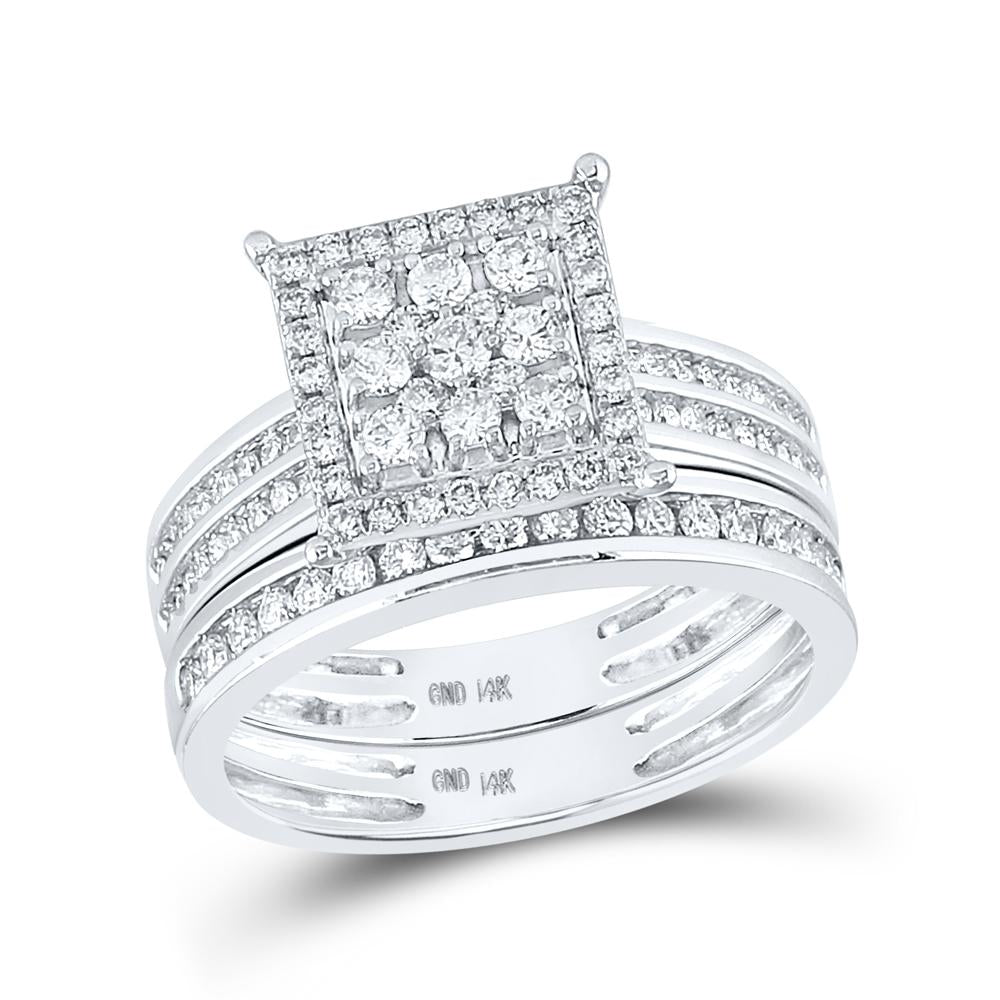 14kt White Gold His Hers Round Diamond Square Matching Wedding Set 1-1/2 Cttw